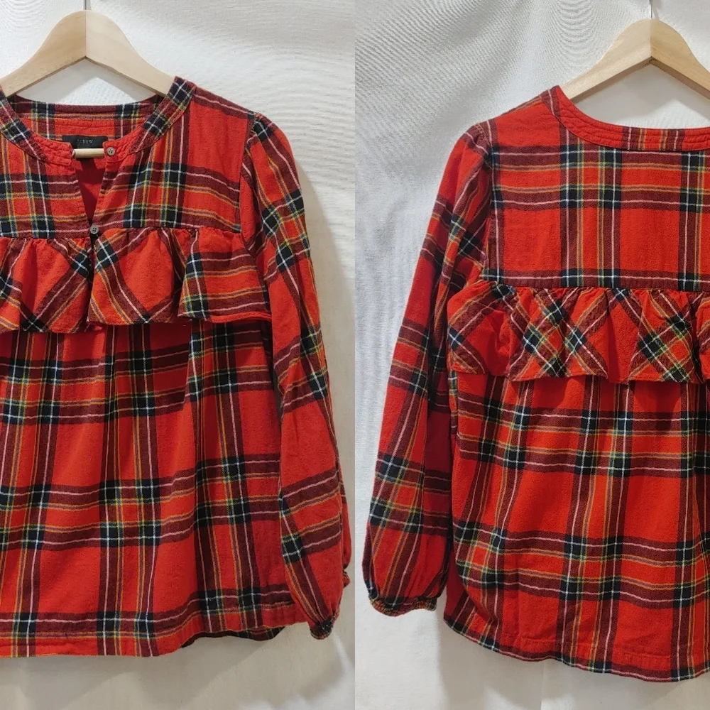 J. Crew Ruffle‎ Red Tartan Plaid Popover Cotton Flannel Shirt Small S H5198